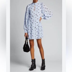 Ganni Floral Print Georgette Long-Sleeve Mini Dress In Blue & Black Floral 8